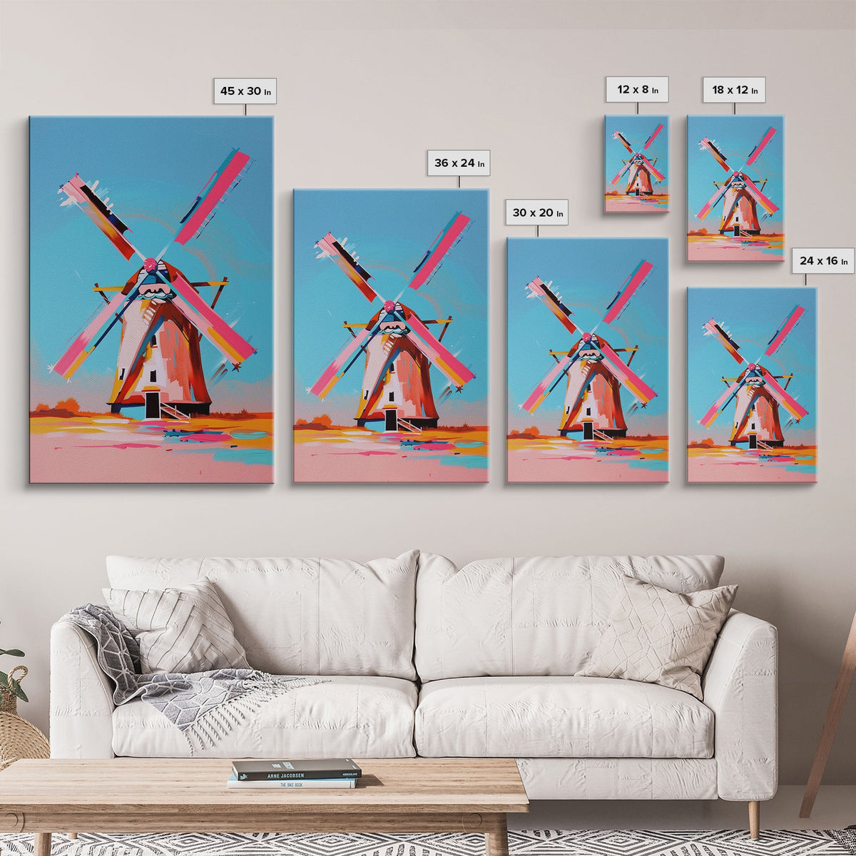 Playful Windmill Canvas Art - Framed Canvas Print, Modern Farmhouse Decor, Bright Windmill Wall Art, Vibrant Bedroom Artwork | | Wiccan Center