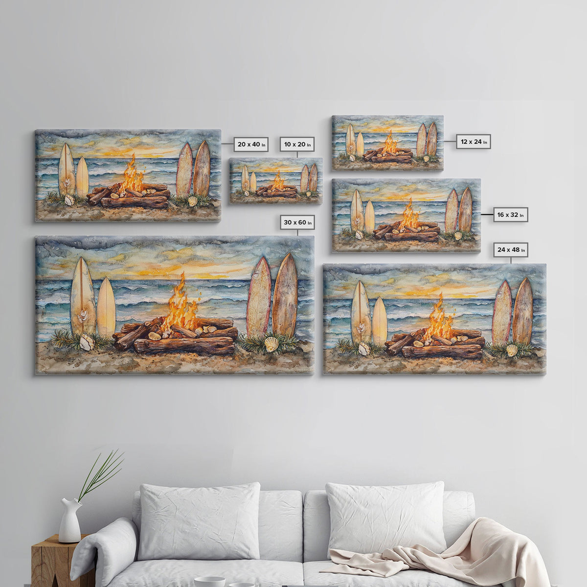 Surfboards And Bonfire On The Beach At Sunset, Tropical Coastal Wall Art, Beach Christmas Decor, Framed Canvas Print | | Wiccan Center