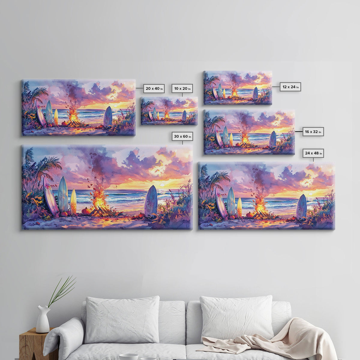 Surfboards And Bonfire At Sunset With Pumpkins, Tropical Beach Christmas Wall Art, Coastal Holiday Framed Canvas Print | | Wiccan Center