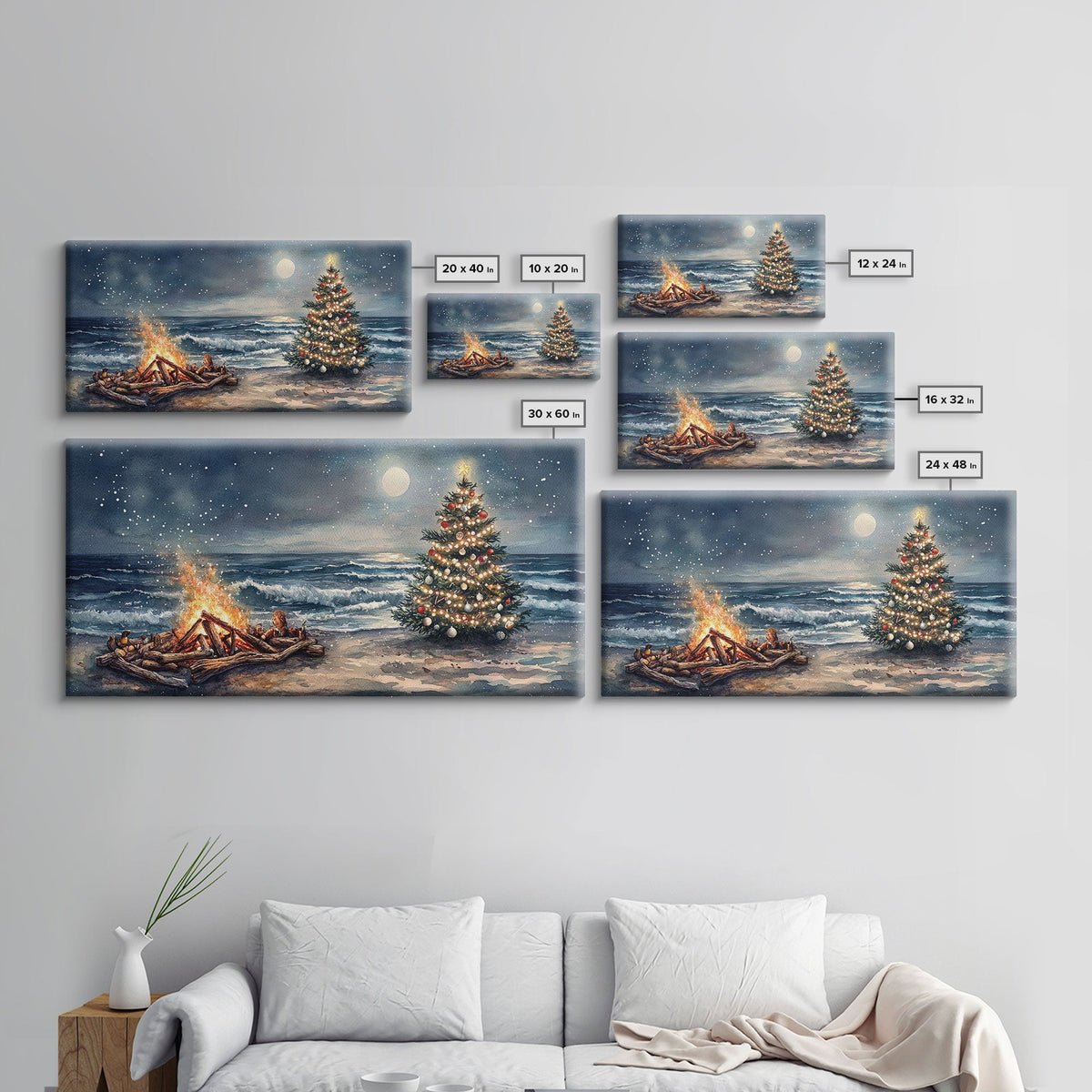 Cozy Bonfire On Beach With Christmas Tree Framed Canvas Print, Nighttime Winter Beach Holiday Wall Art And Coastal Decor | | Wiccan Center