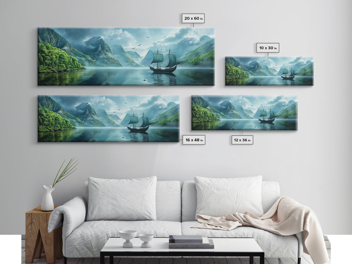 Pirate Ship In The Bay - Framed Canvas Print - Fantasy Decor - Original Landscape Oil Painting - Vintage Ship Painting - Panoramic Art