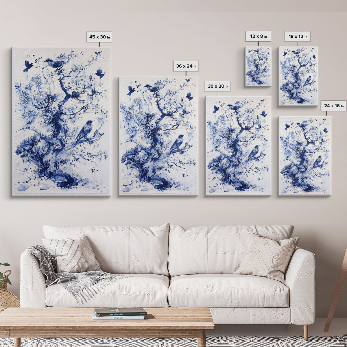 Chinoiserie Wall Art Framed Canvas Print, Blue Tree and Birds, Botanical Print, Birdwatcher Gift Idea, Chinoiserie Style Painting