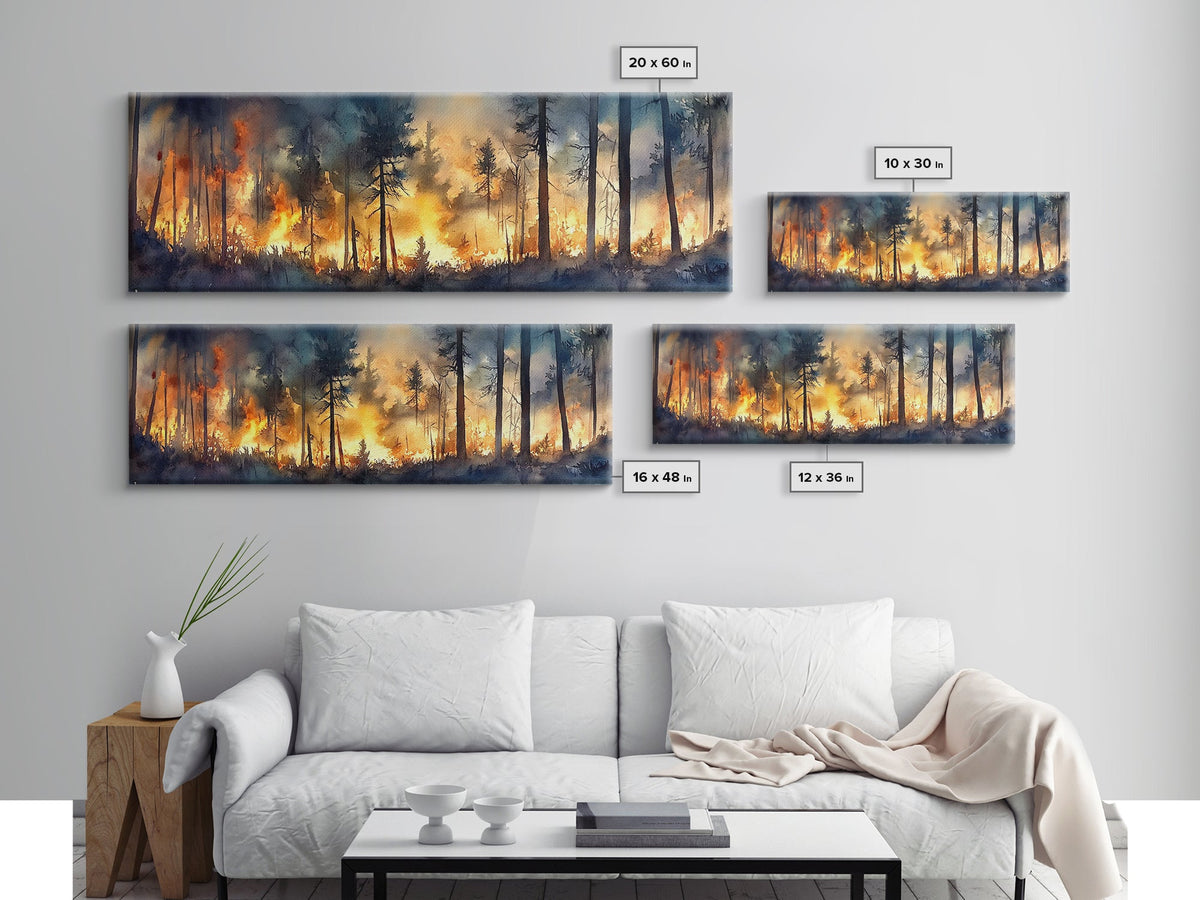 Watercolor Painting Print of a Forest on Fire, Extra Wide Horizontal Art, Forest Fire Painting, California Wall Art | | Wiccan Center