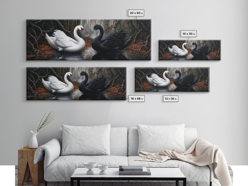 Black and White Swan Form  A Heart, Framed Canvas Print, Swan Painting, Black Swan Art, Dark Romance, Panoramic Art, Gothic Art