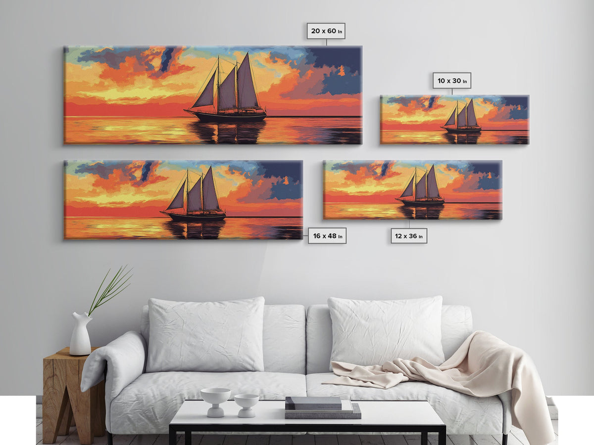 Pirate Ship at Sunset Framed Canvas Print - Panoramic Wall Art - Sailboat Painting - Sail Boat Art - Nautical Decor - Lake House Art | | Wiccan Center