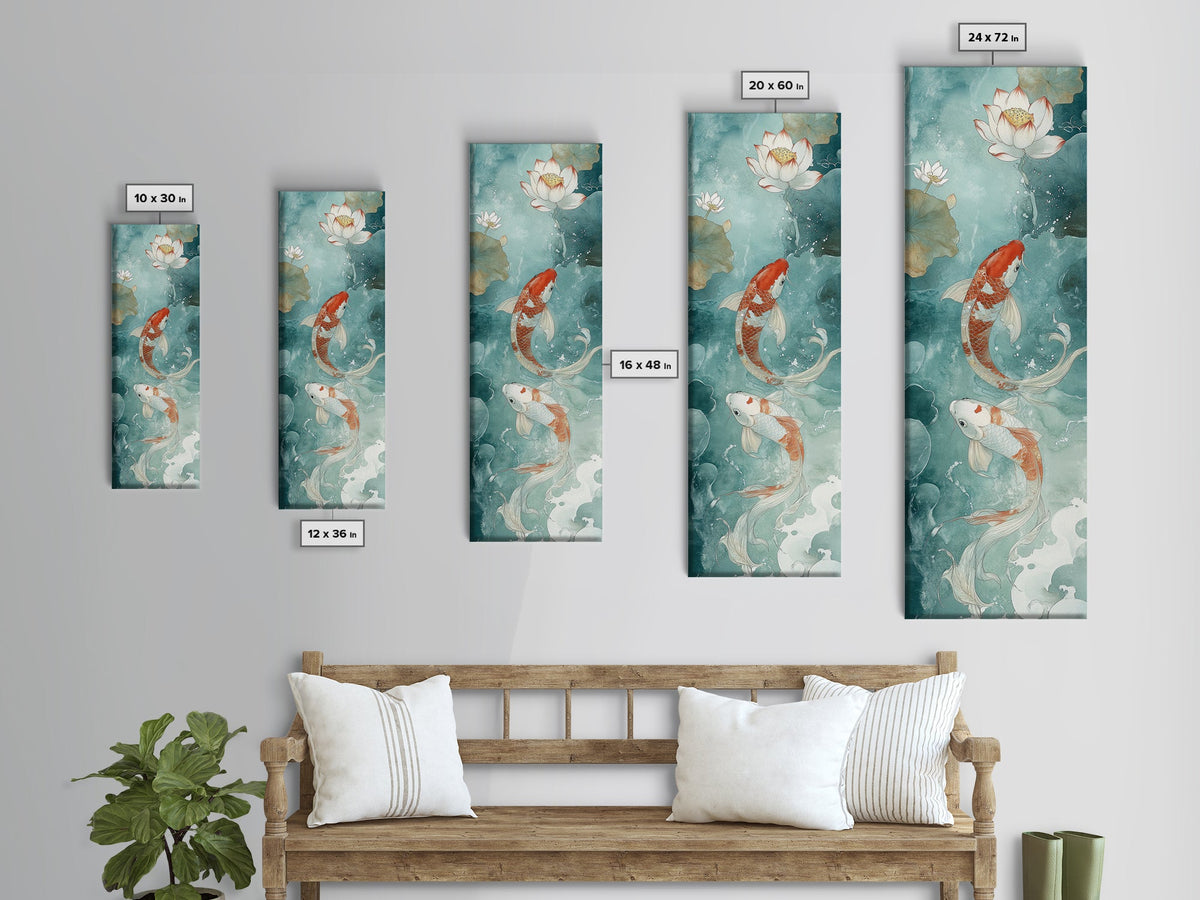 Wabi Sabi Koi Fish Framed Canvas Print, Koi Fish Painting, Elegant Art, Tall Art, Narrow Art, Accent Piece, Japanese Style Art