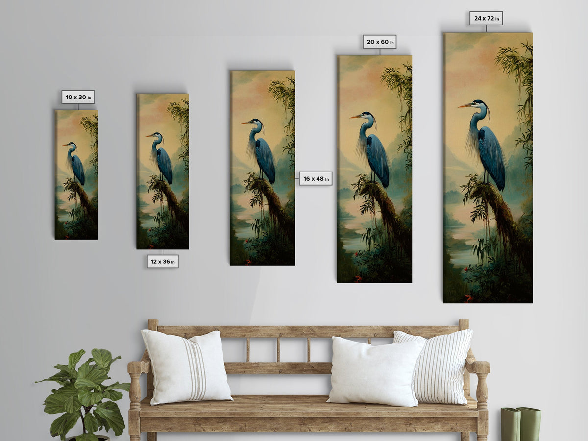 Framed Canvas Print Blue Heron Landscape Bird Art Whimsical Wall Art Coastal Decor Cottagecore Rustic Decor Tall Skinny Art Bird Painting