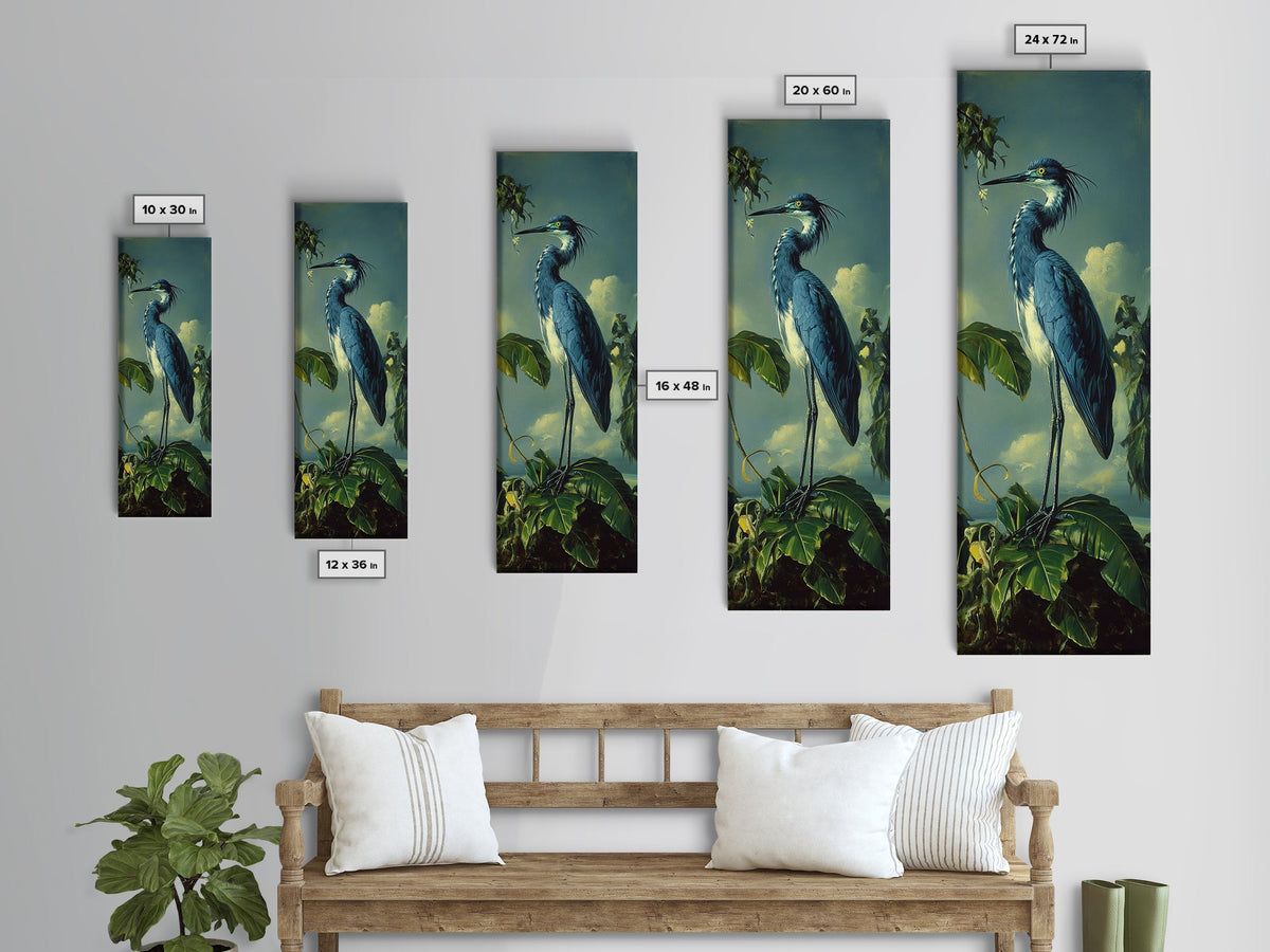 Framed Canvas Print Blue Heron Landscape Bird Art Coastal Decor Tall Narrow Art Whimsical Wall Art Cottagecore Gift Idea Bedroom Art