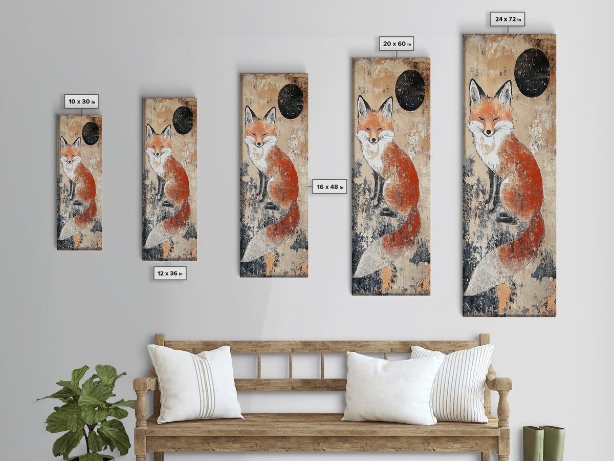 Framed Canvas Print of Fox Under Night Sky, Rustic Decor, Cottagecore Art, Animal Painting, Minimalist Nature Art, Woodland Charm