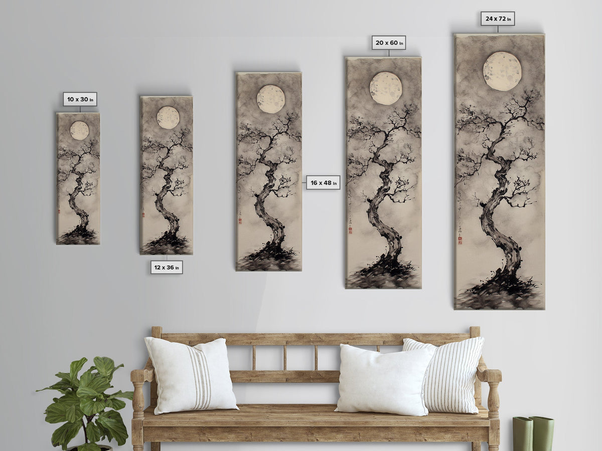 Canvas Print Moon and Tree Painting, Mystical Wabi Sabi Wall Art, Japanese-Inspired Rustic Decor, Above Bed Wall Art Gift Him | | Wiccan Center