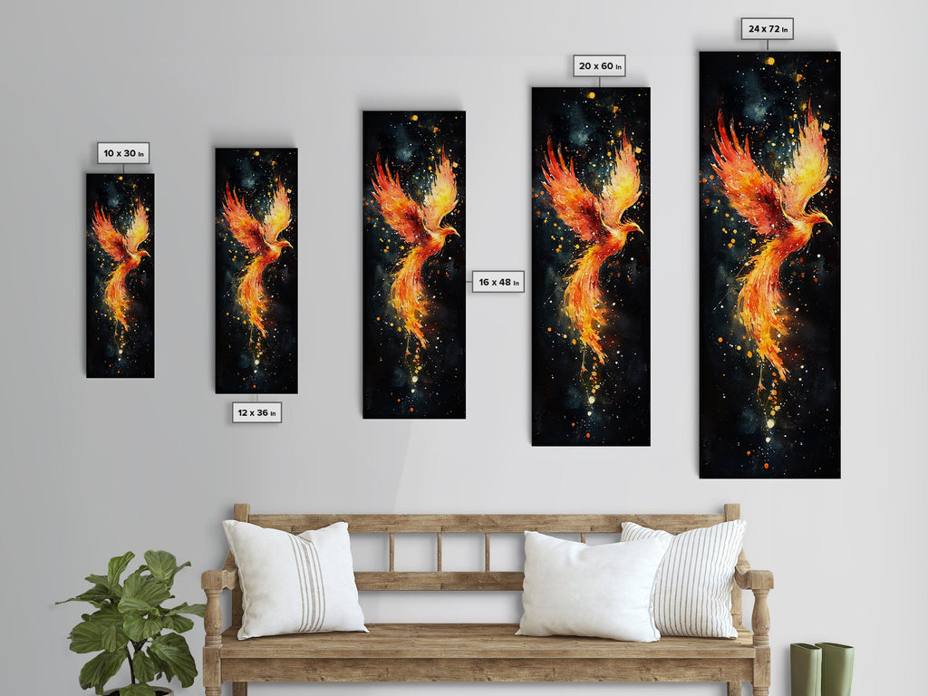 Radiant Phoenix in Flight Canvas Print, Framed Tall Wall Art, Unique Living Room Decor, Firebird Painting for Spiritual Art Lovers | | Wiccan Center