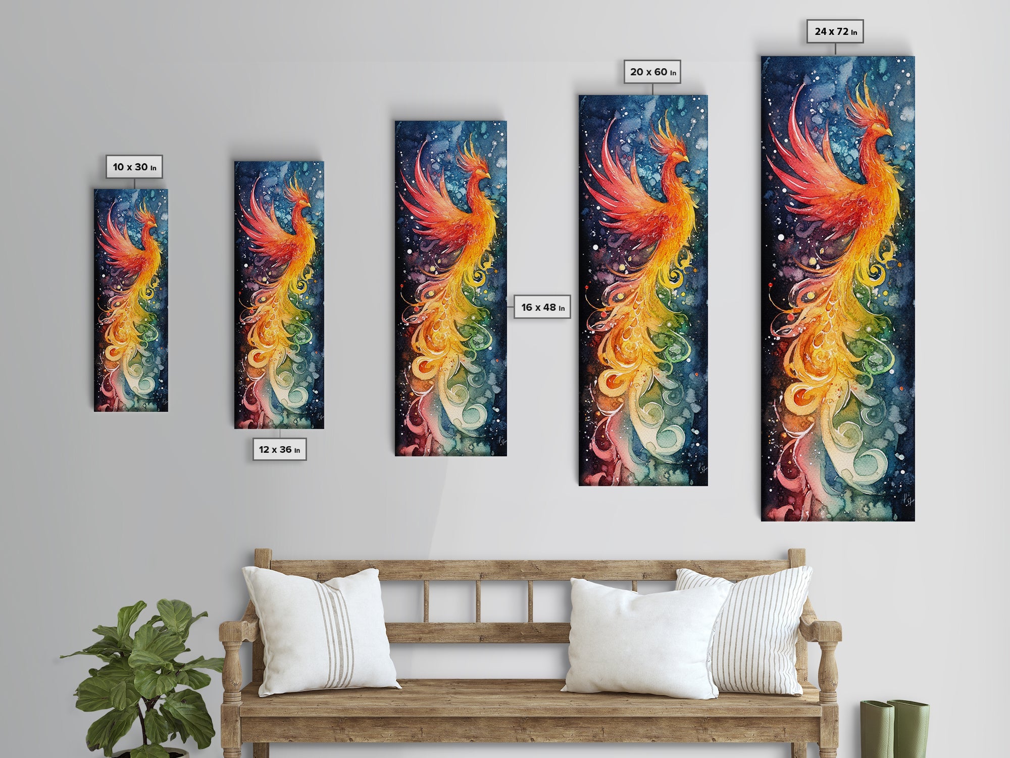 Rainbow-Toned Phoenix Painting with Swirling Colors of Renewal – Beautiful Framed Canvas Print for Spiritual or Inspirational Home Decor
