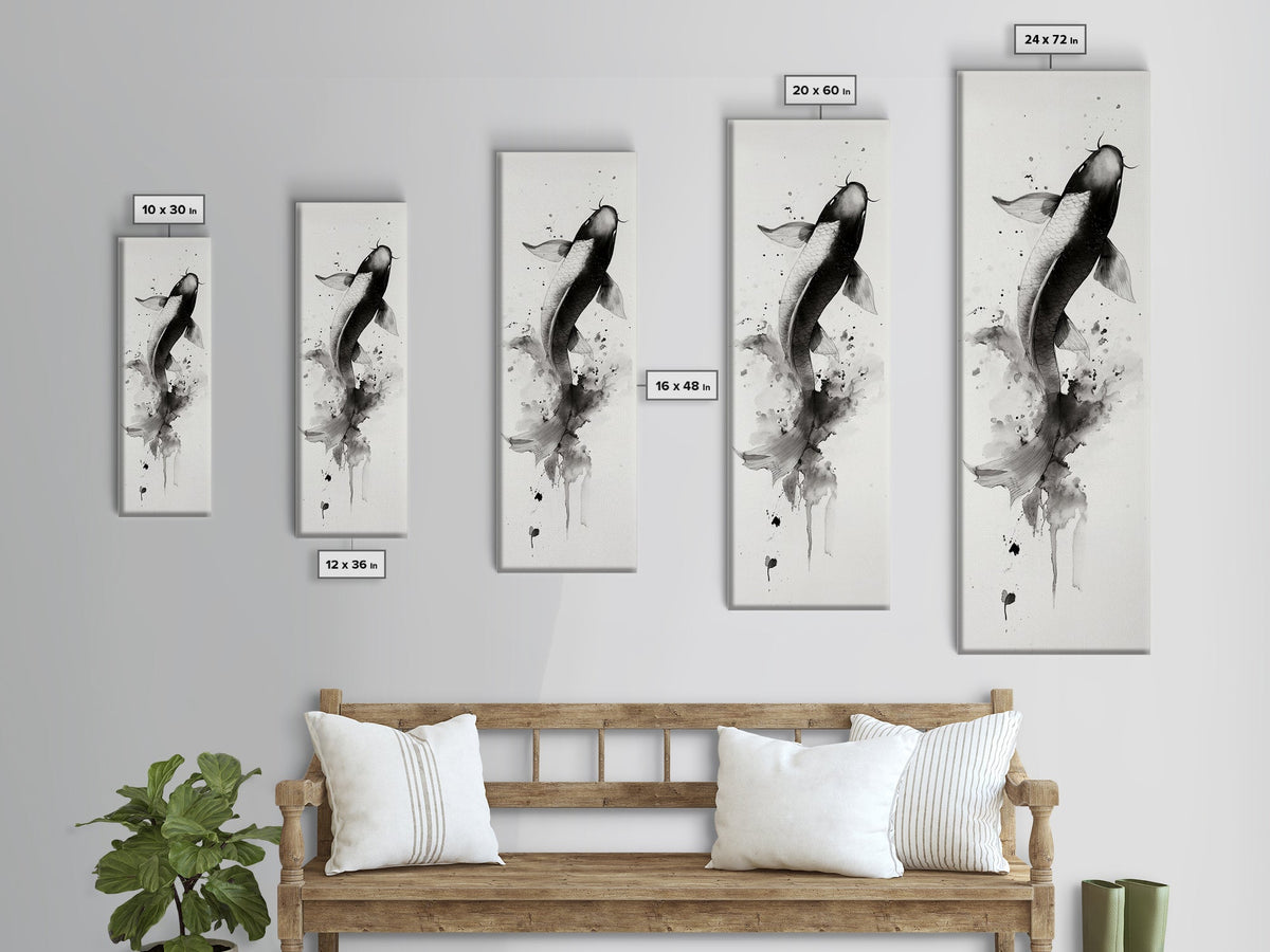 Tall Skinny Koi Fish Painting Print, Black and White Wabi Sabi Wall Art, Koi Fish Wall Decor, Japanese Style Elegant Artwork, Narrow Wall Art