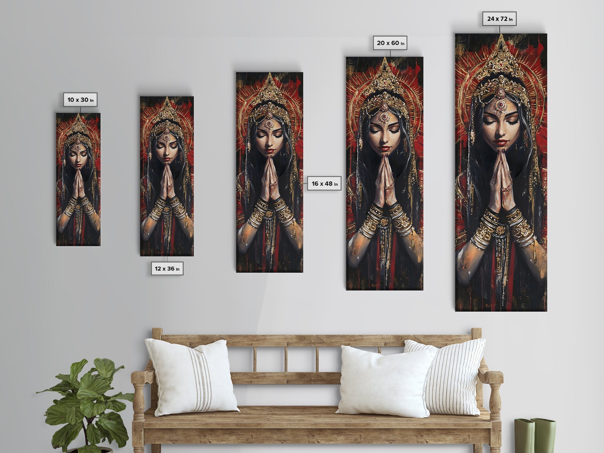 Goddess Prayer Painting Framed Canvas Print, Kerala Mural Art with Rich Red and Gold, Dark Angels Wall Art for Boho Bedroom Decor