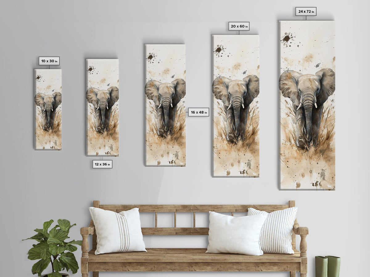 Elephant Wall Art Canvas Print African Art Safari Painting Rustic Decor Vertical Long Narrow Wall Art Animal Lover Gift