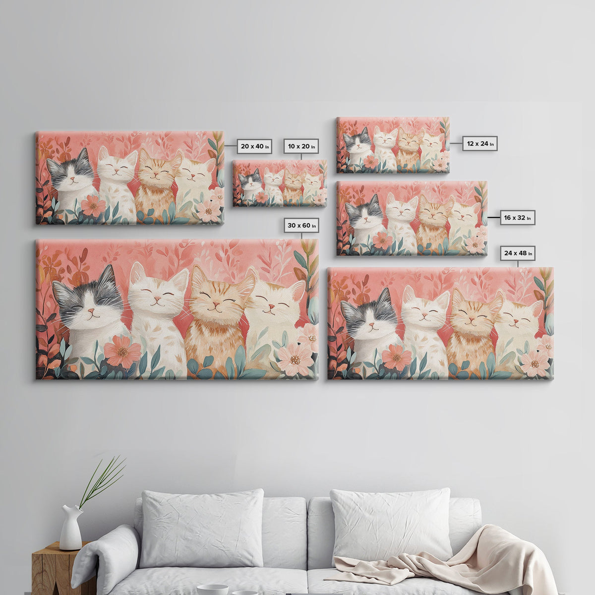 Cats and Flowers Painting Framed Canvas Print, Whimsical Pink Wall Art, Rustic Original Artwork, Cottagecore Decor Gift Idea
