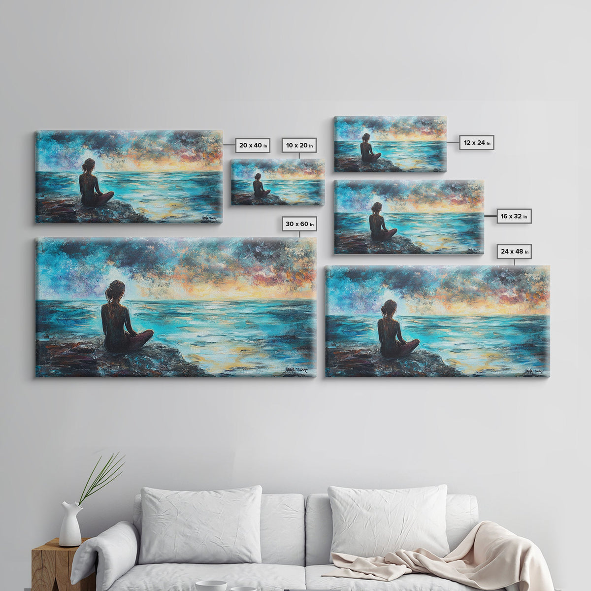 Woman Meditating Coastal Sunset Framed Canvas Print Yoga Art Nautical Wall Art Bedroom Decor Perfect Gift Idea Coastal Cowgirl Artwork | | Wiccan Center