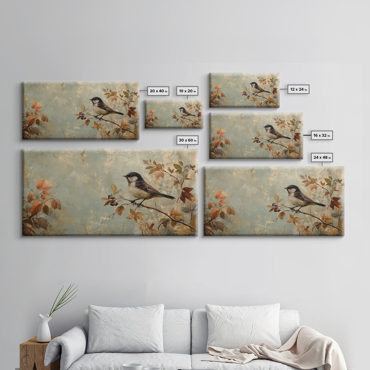 Bird On Branch Canvas Print Whimsical Art Cottagecore Wall Art Vintage Farmhouse Decor Botanical Prints Rustic Bedroom Art Gift Idea