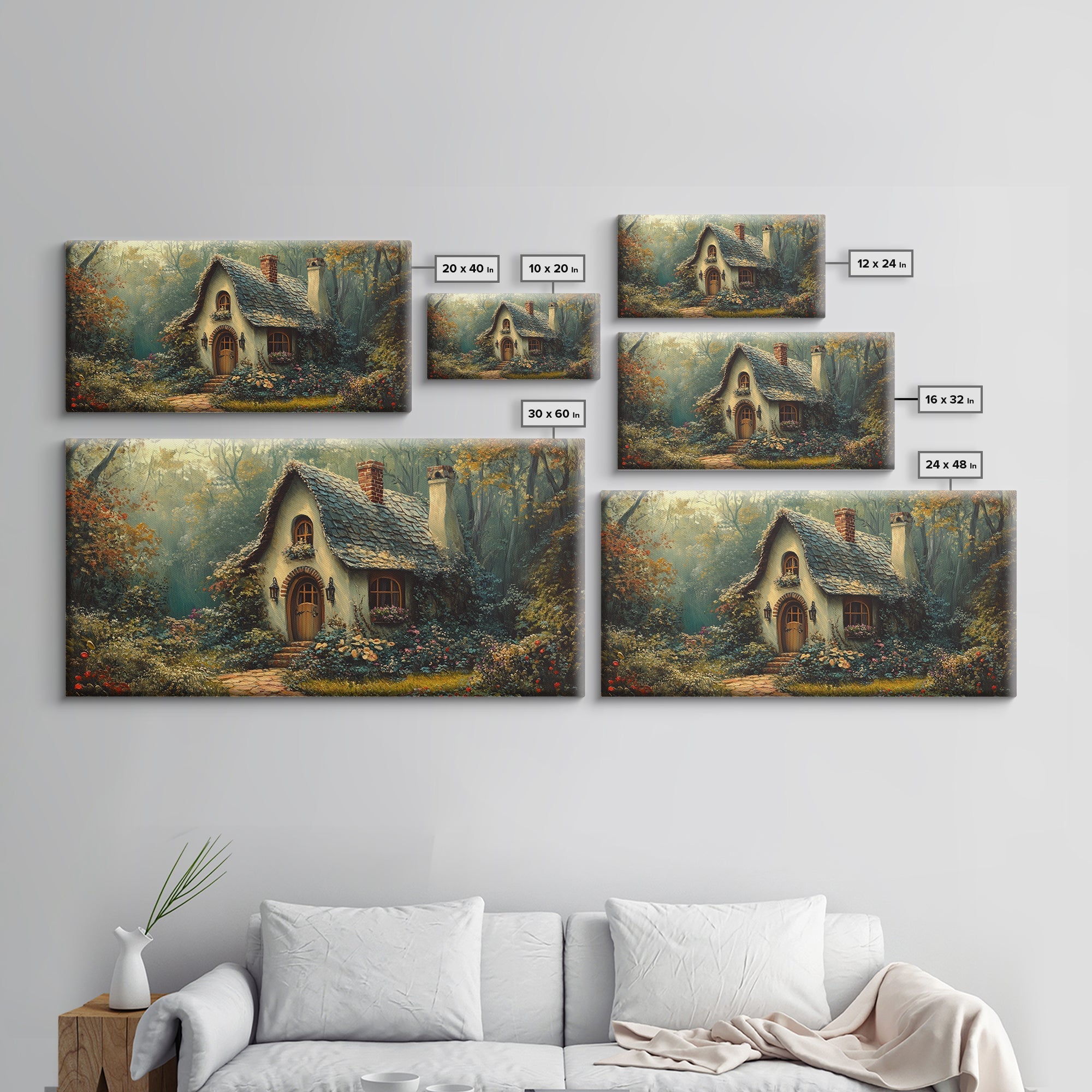 Enchanted Forest Cottage Framed Canvas Print Fairytale Cottagecore Rustic Wall Art Whimsical Landscape Painting Above Sofa Art Gift Idea