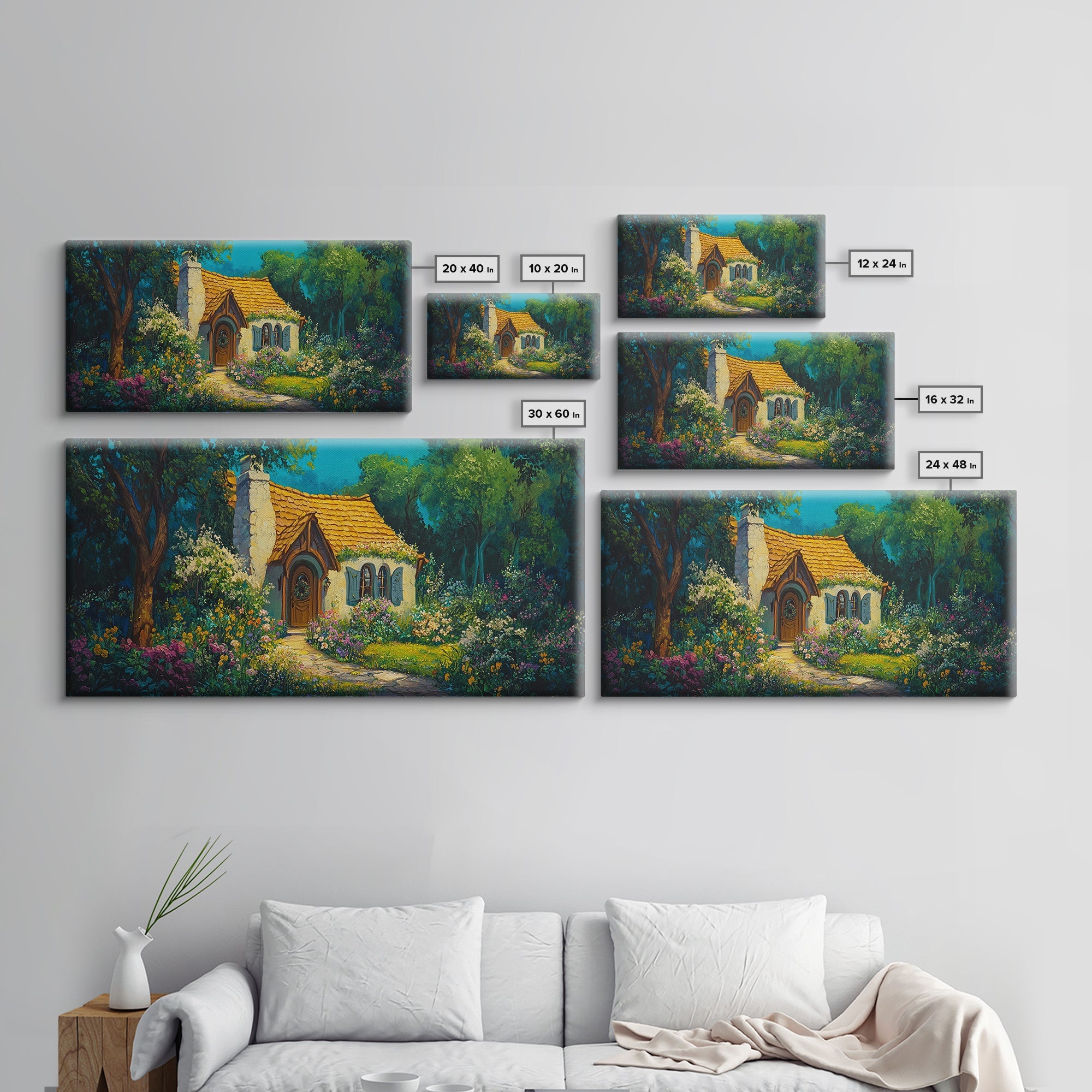 Garden Cottage Scene Framed Canvas Print Whimsical Cottagecore Art Rustic Wall Decor Fairytale Landscape Painting Guest Room Art