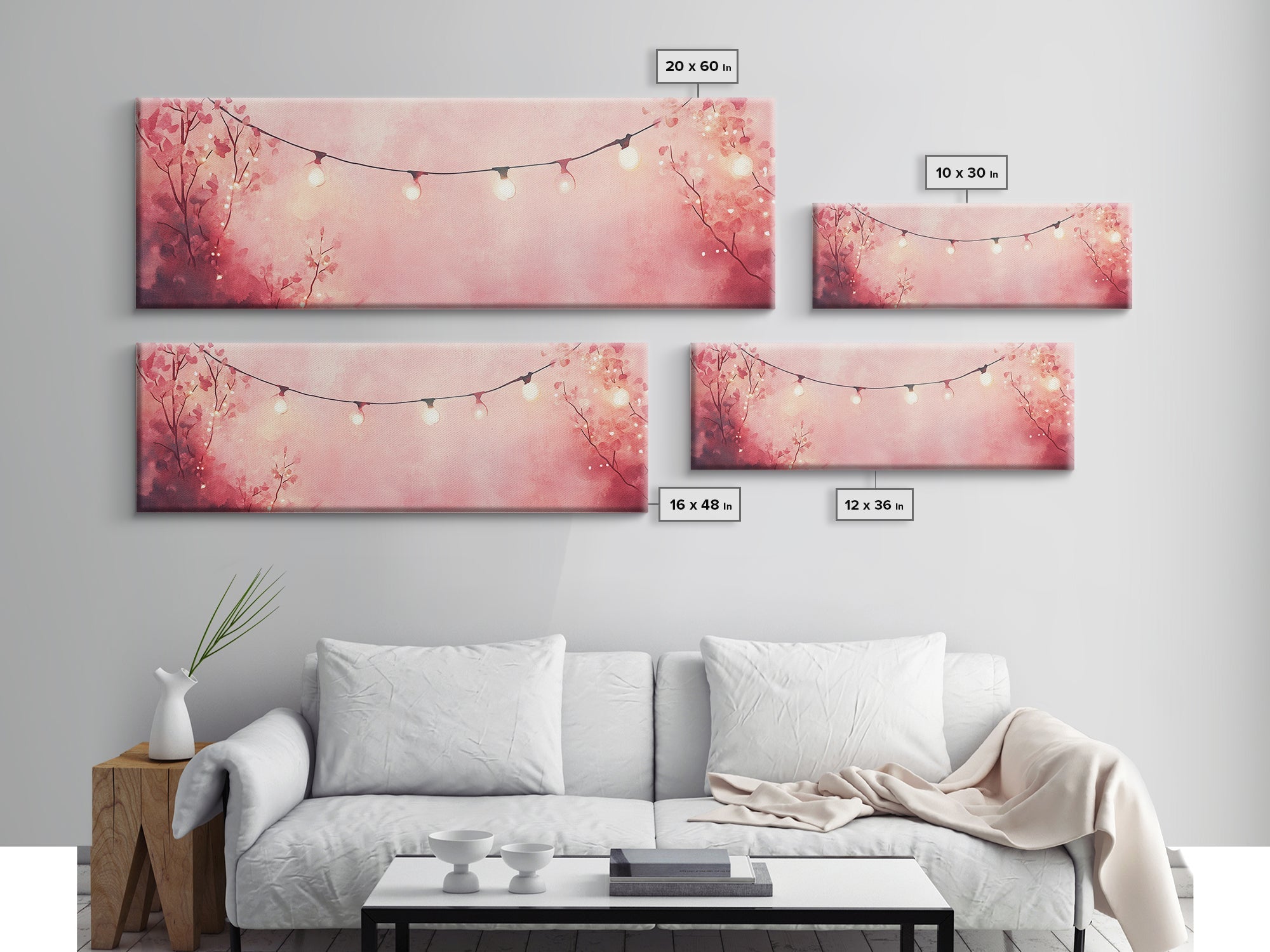 Pink Wall Art Framed Canvas Print with Fairy Lights in Blush Backdrop, Cottagecore Aesthetic, Horizontal Rustic Decor for Living Room