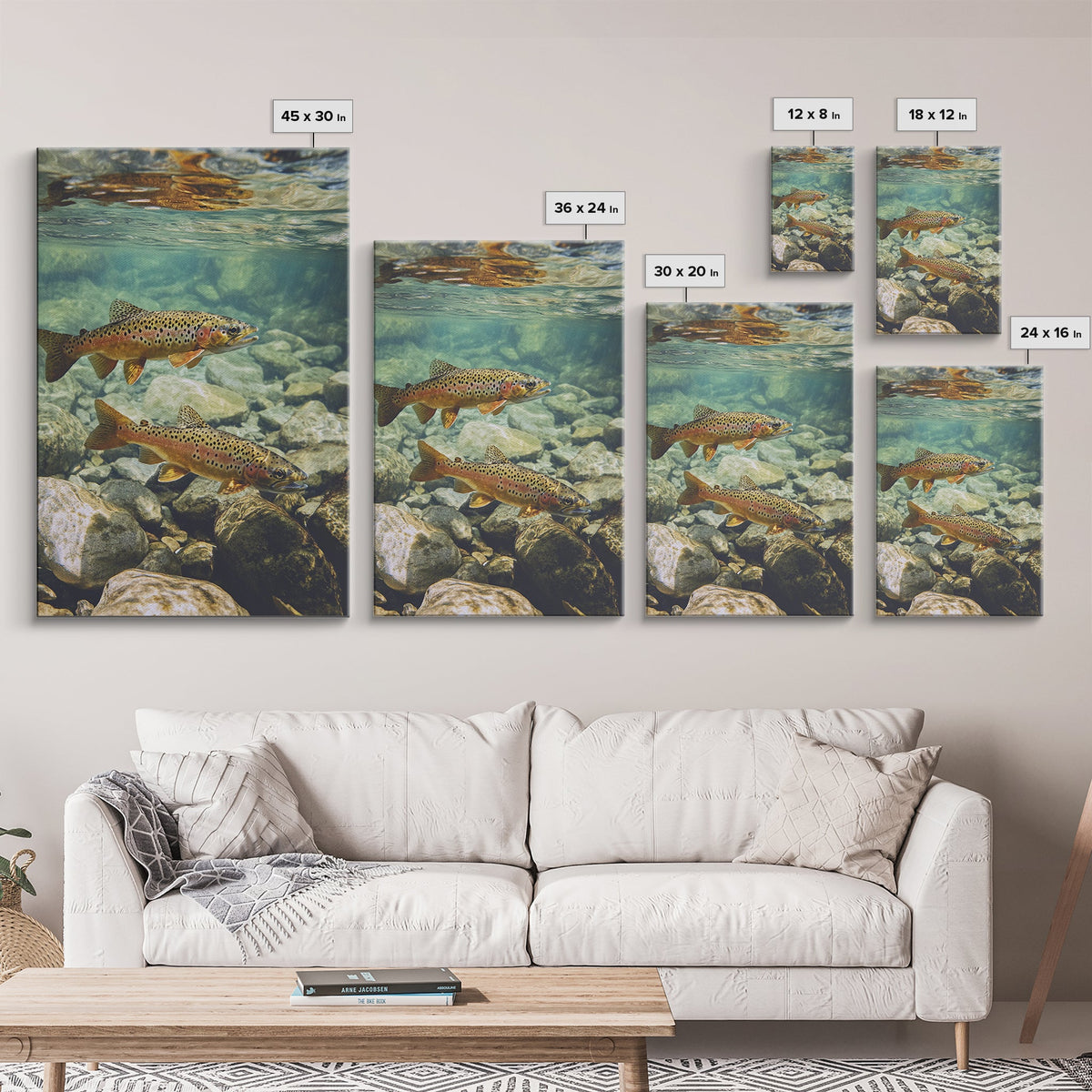 Vibrant Pair of Trout Framed Canvas Print Fly Fishing Art Rustic Wall Art Cottagecore Living Room Above Couch Cabin Decor