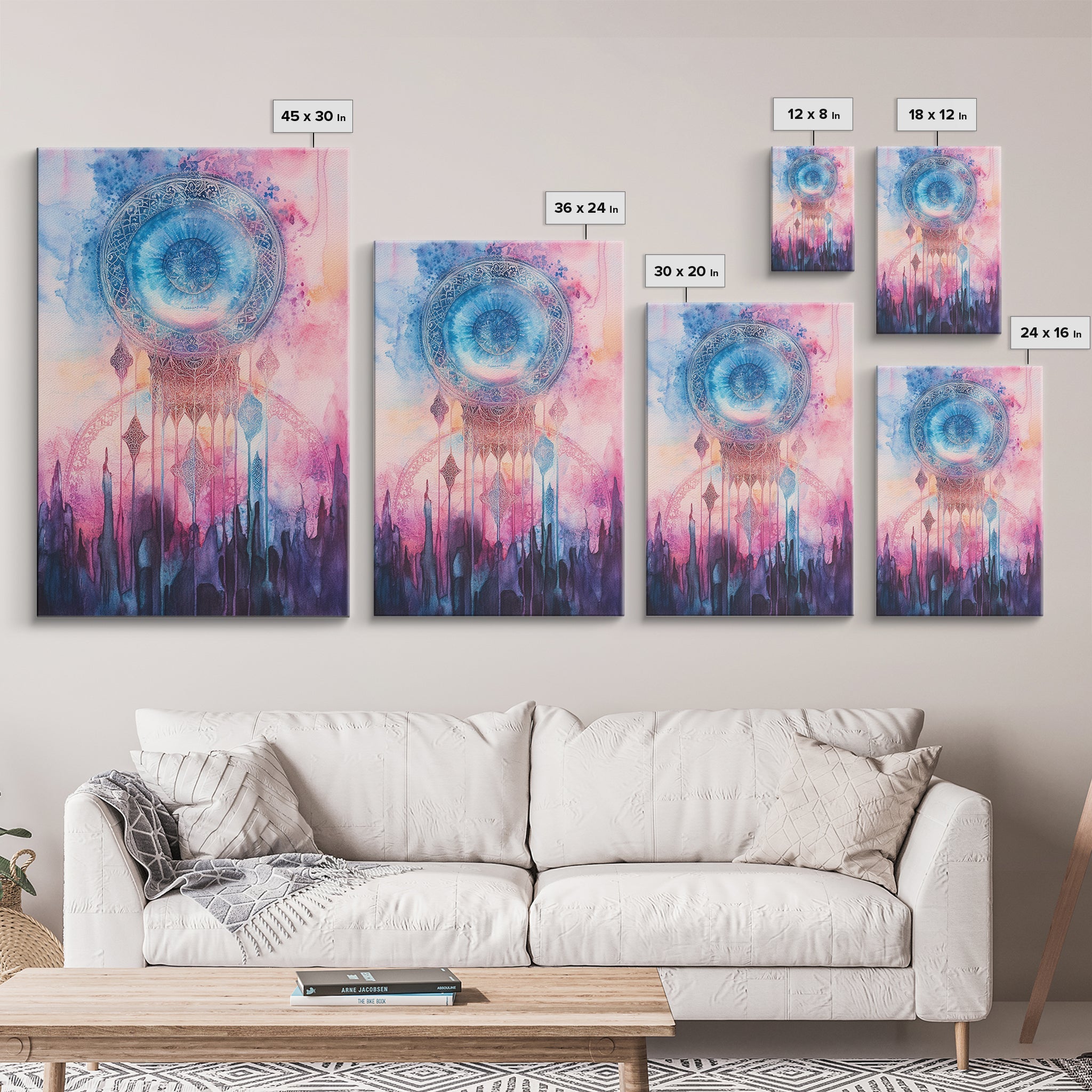 Mystic Sacred Geometry Framed Canvas Print with Bahai Art Elements and Vibrant Pink Blue Abstract, Boho Home Wall Decor