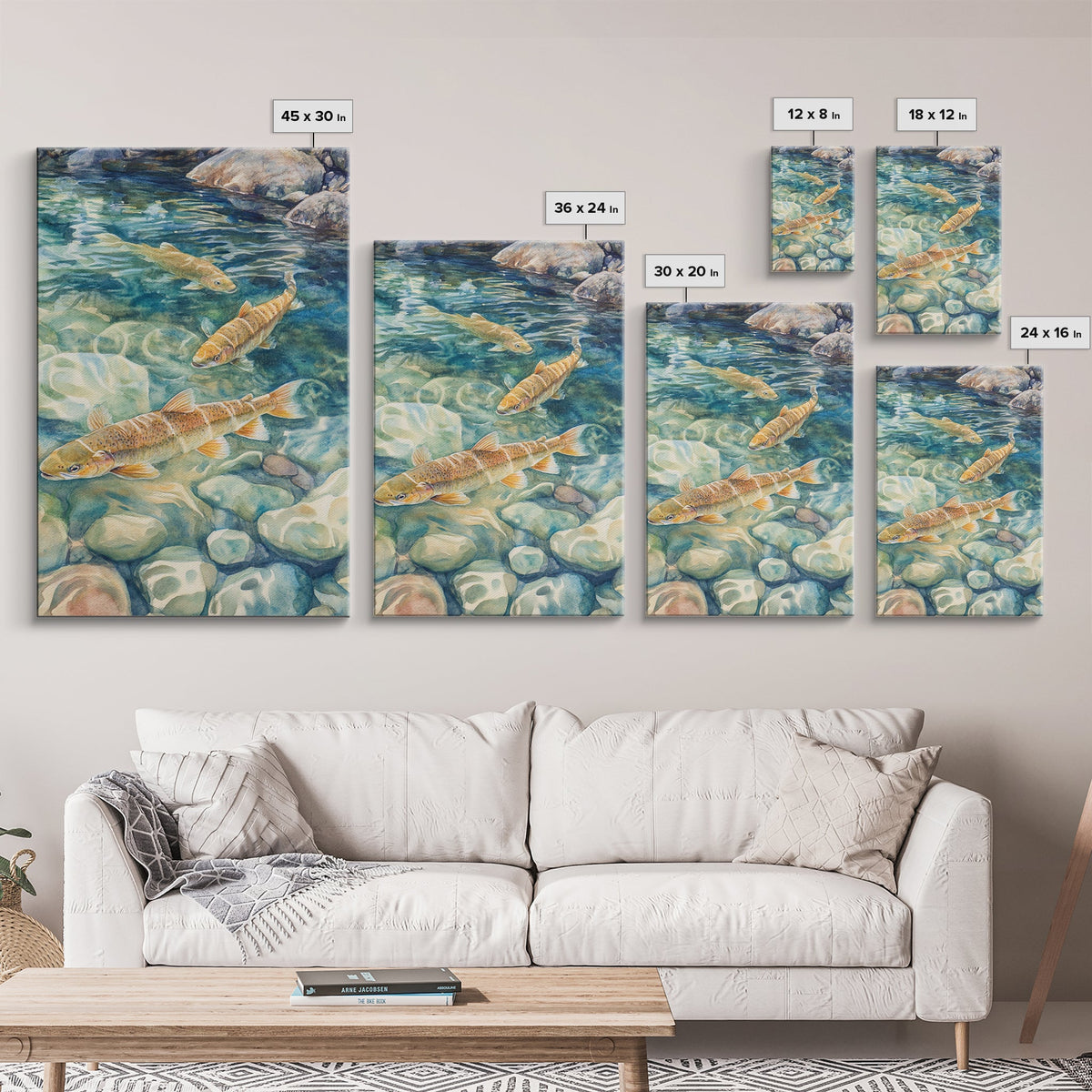 Gentle Swimming Trout Framed Canvas Print Fly Fishing Art Rustic Living Room Wall Art Cabin Decor Gift Idea Cottagecore