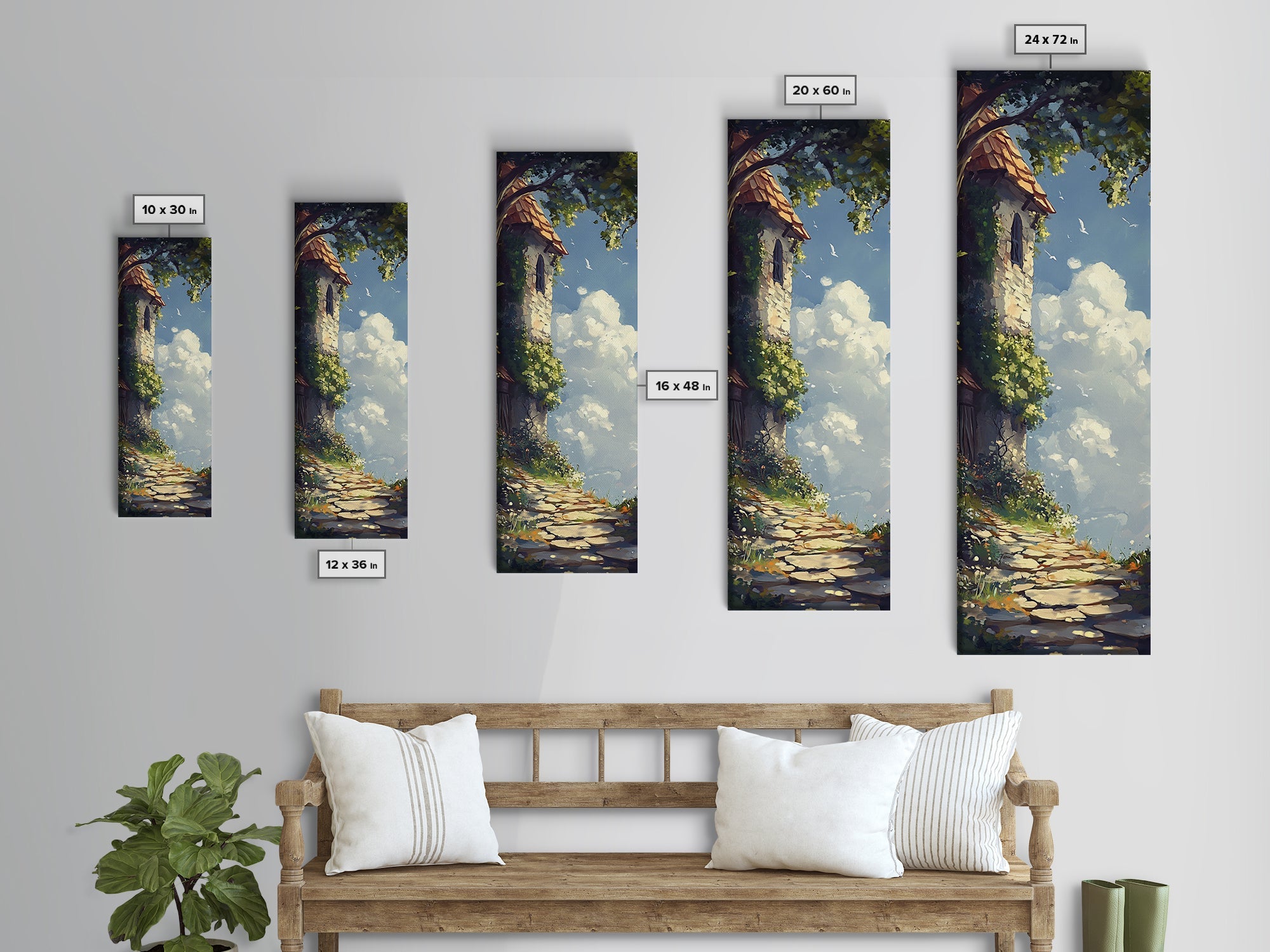Cottage Tower, whimsical art, fairy tale painting, cottagecore wall art, rustic decor, framed canvas print, vertical wall art