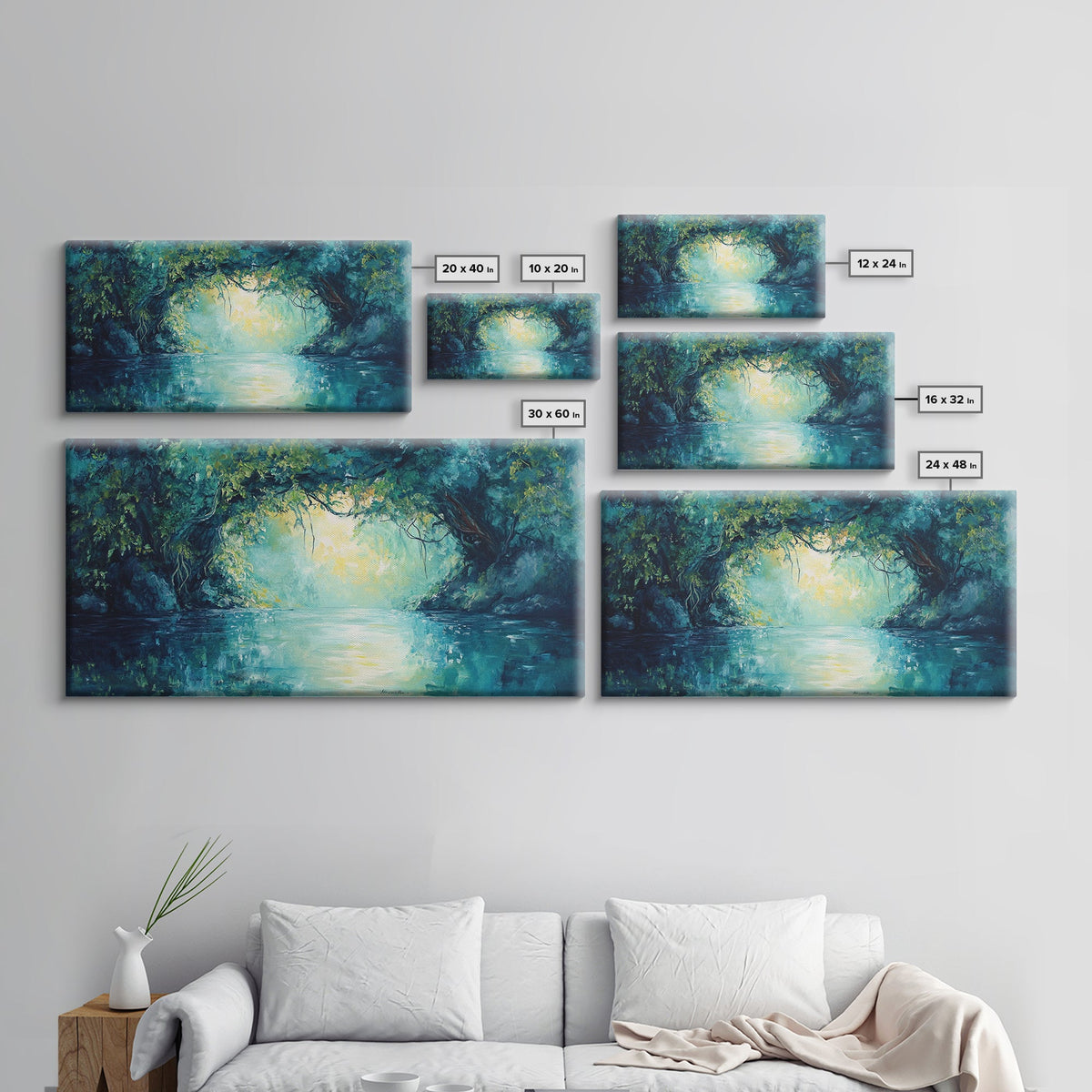 Mystical River, Framed Canvas Print, landscape painting, moody art, forest at dusk painting, teal wall art, extra wide art | | Wiccan Center