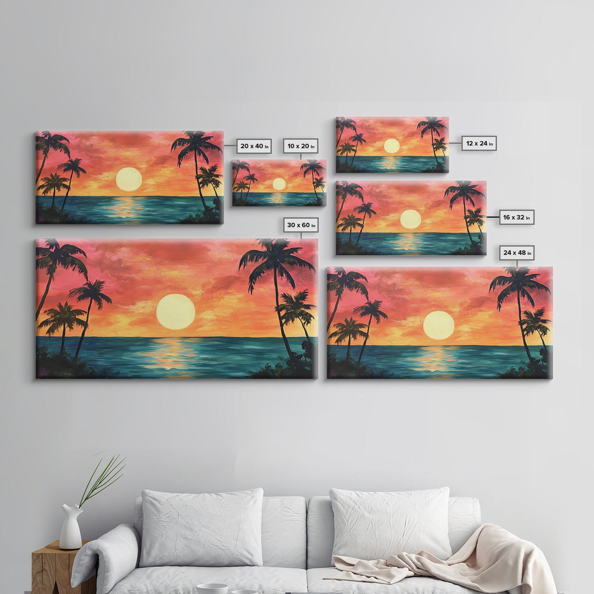 Tropical Sunset, Palm Tree Art, Coastal Cowgirl Wall Art, Hawaii Art, Ocean Landscape, Horizontal Wall Art, Framed Canvas Print | | Wiccan Center