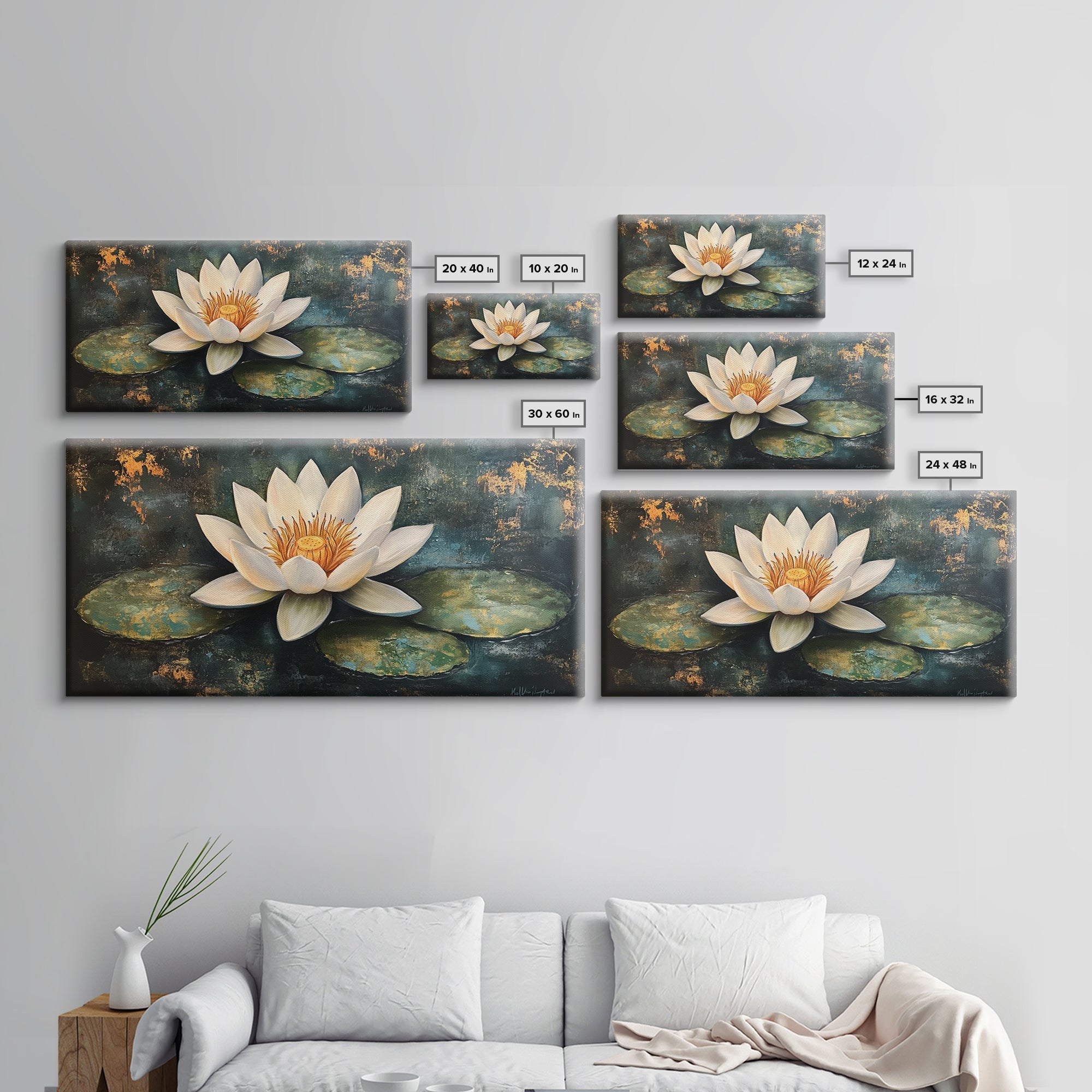 White Lotus, Framed Canvas Print, botanical prints, zen wall art, meditative decor, extra wide painting, spiritual art