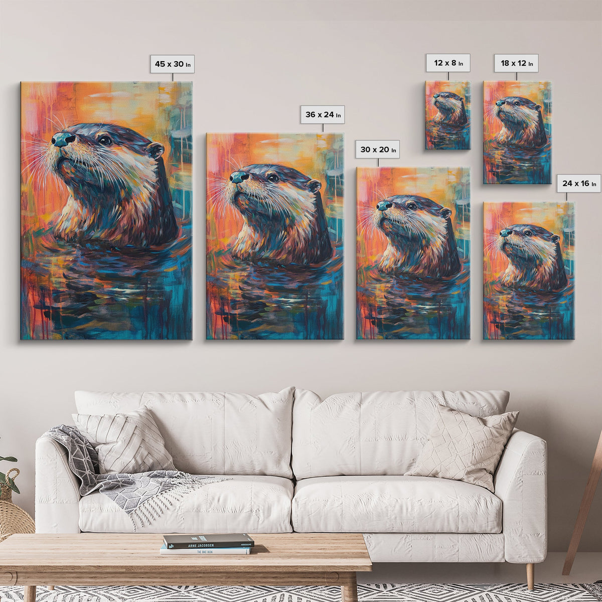Otter Portrait, wildlife painting, whimsical art, blue and green wall art, Canvas Print, original painting, rustic wall art, gift idea