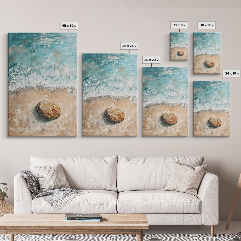 Serene Beach Stone Canvas Print Tranquil Ocean Art, Coastal Zen Wall Decor, Relaxing Beach House Style, Minimalist Seascape Painting | | Wiccan Center