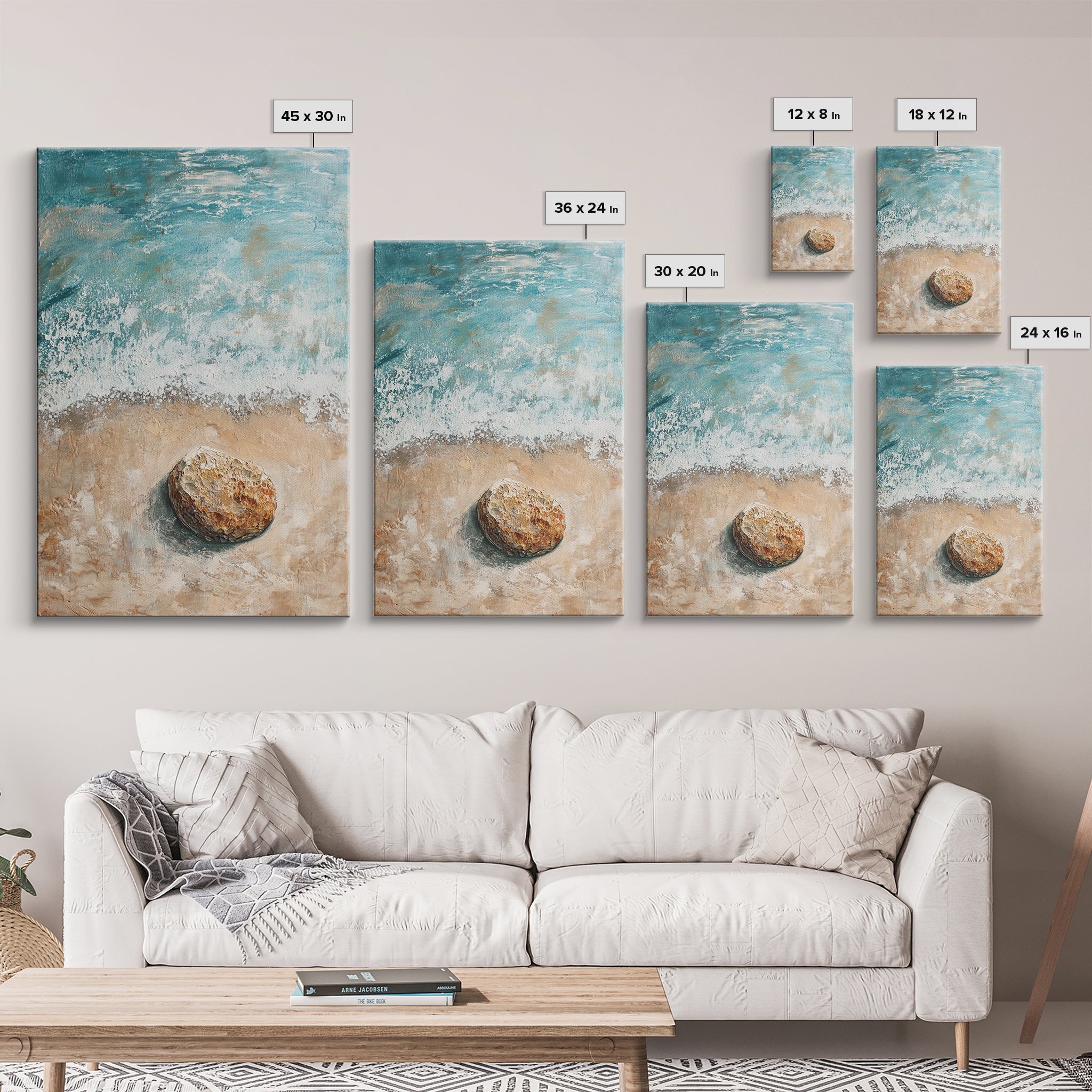 Serene Beach Stone Canvas Print Tranquil Ocean Art, Coastal Zen Wall Decor, Relaxing Beach House Style, Minimalist Seascape Painting | | Wiccan Center