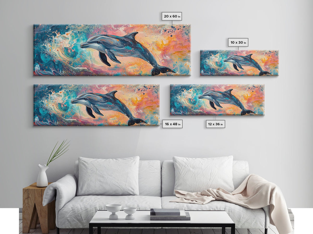 Playful Dolphin in Ocean Waves, Colorful Abstract Sea Life Art, Vibrant Marine Animal Painting, Coastal Home Decor