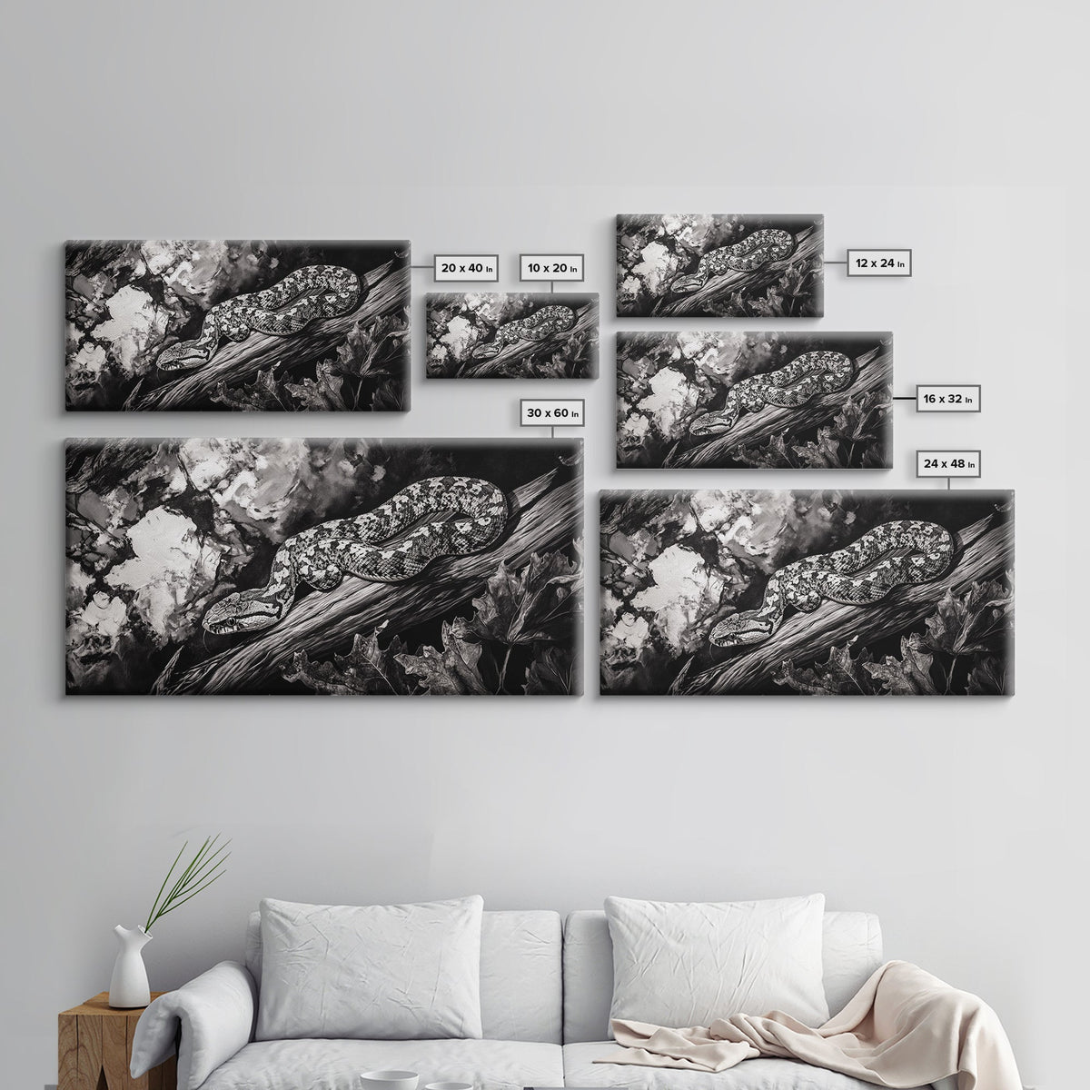 Timber Rattlesnake, Wildlife Artwork, Black and White Nature Art, Rustic Home Decor, Forest Animal Print, Living Room Art, Canvas Print