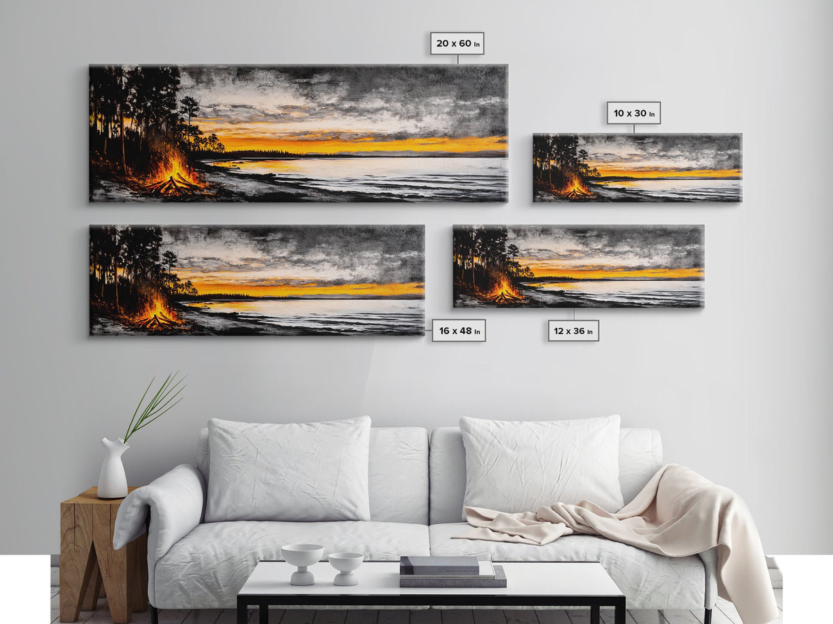 Campfire by Lake, Sunset Landscape Art, Cozy Rustic Print, Fall Wall Decor, Outdoor Adventure Canvas Print, Framed Canvas Print | | Wiccan Center
