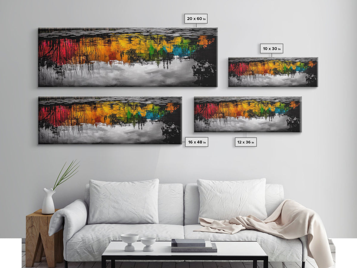 Colorful Reflection, Abstract Water Art, Nature Painting, Autumn Trees, Vibrant Colors, Black and White Contrast, Canvas Print | | Wiccan Center