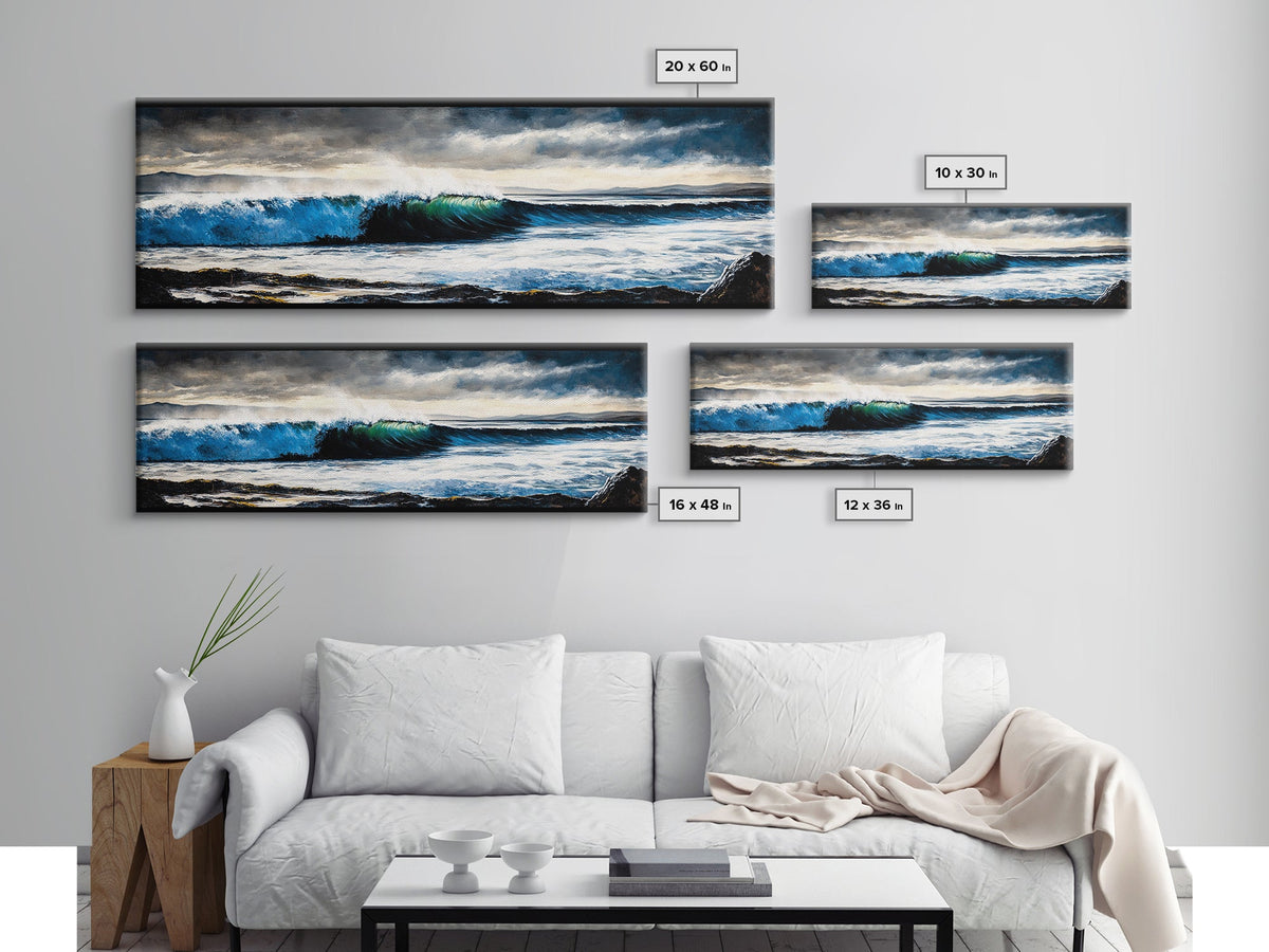 Powerful Ocean Wave, Realistic Seascape Art, Blue Water Wall Decor, Coastal Living Room Art, Surfer Beach Print, Framed Canvas Print | | Wiccan Center