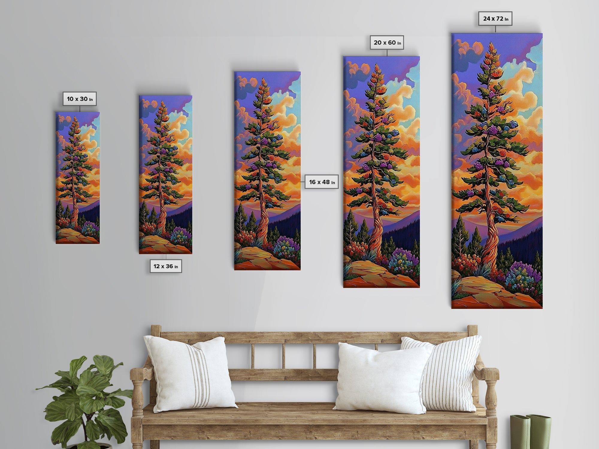 Tree, Mountain, Sunset, Forest, Canvas Print, magical forest tree painting, vibrant mountain sunset wall art, whimsical boho nature decor