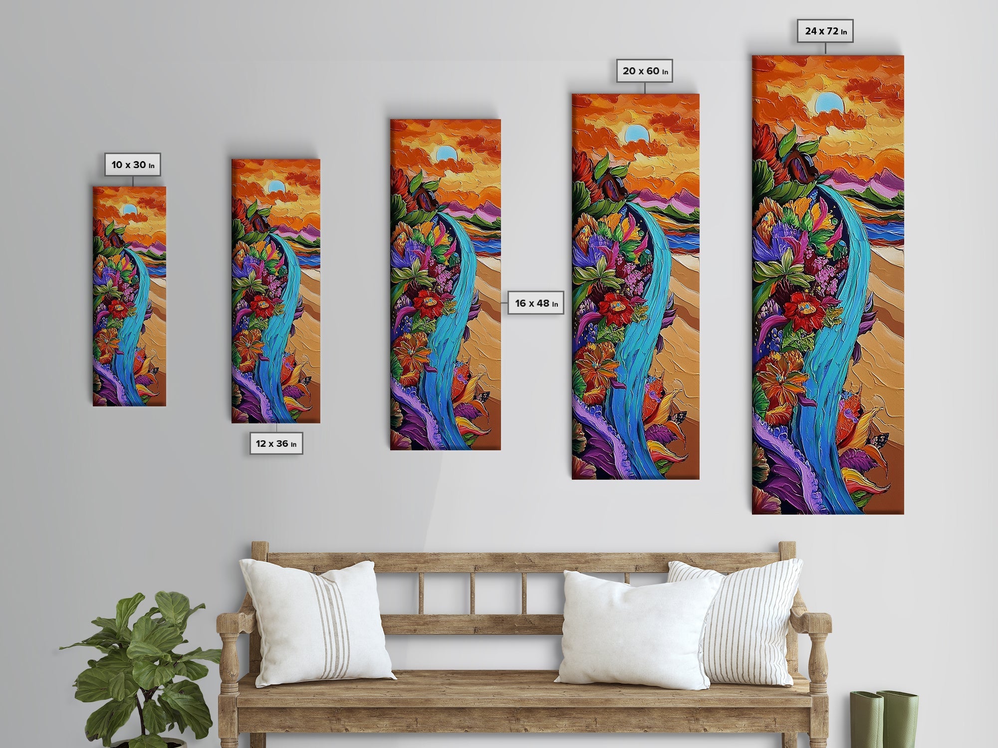 Sunset Waterfall, Floral Cliff, Magical River, Dreamy Boho Wall Art, Framed Canvas Print, Colorful Fall Living Room Decor