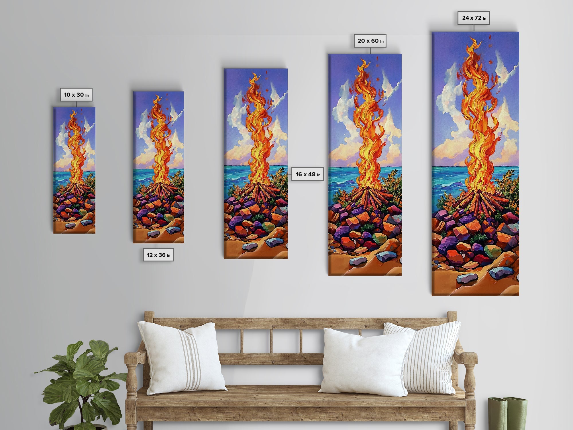 Campfire Ocean, Stones Sky – Coastal Bonfire Landscape, Colorful Nature Wall Art, Framed Canvas Print, Beach House or Cabin Decor | | Wiccan Center