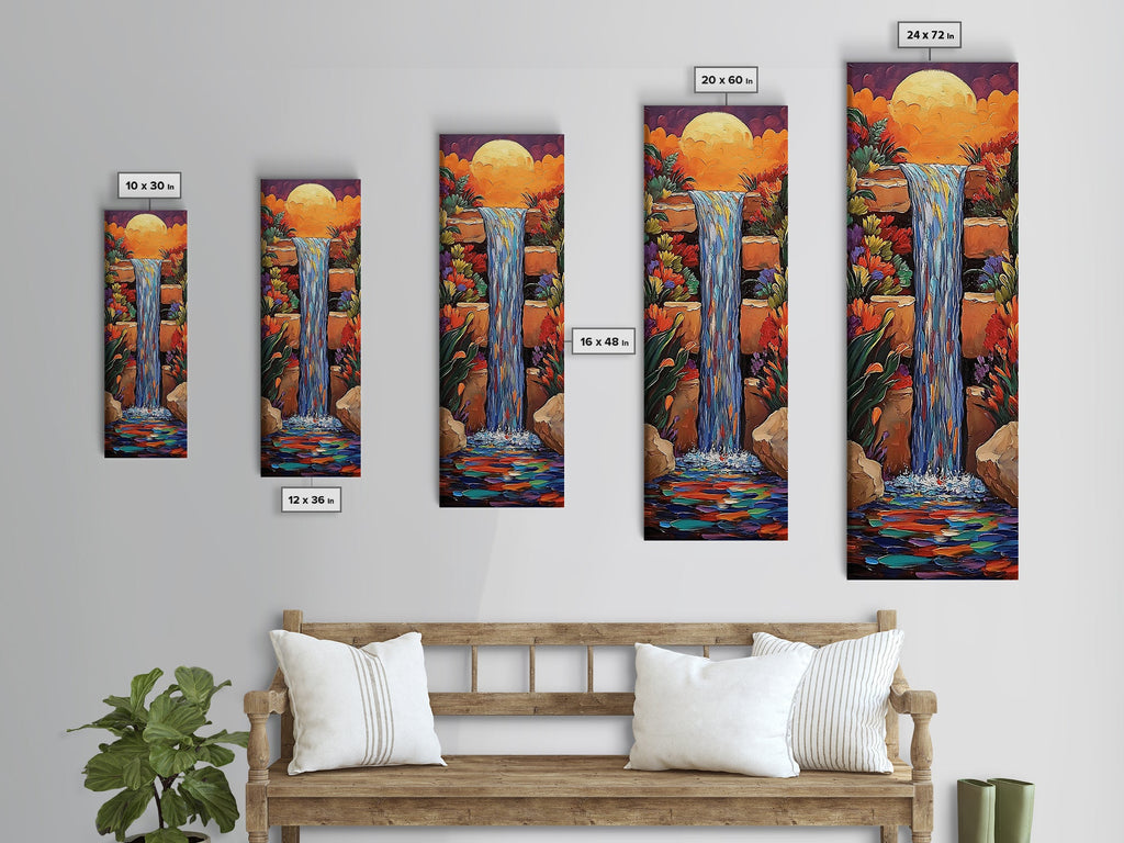 Sunset Waterfall, Flowers Fantasy, Framed Canvas Print, Vibrant landscape art, living room boho decor, magical nature scene | | Wiccan Center