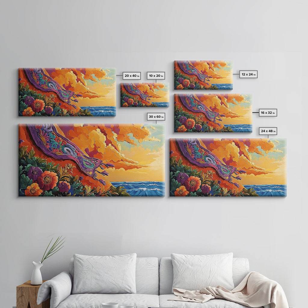 Sunset Coast, Rug, Framed Canvas Print, Sunset Beach Art, Magic Carpet Illustration, Vibrant Coastal Decor, Dreamy Bedroom Art | | Wiccan Center