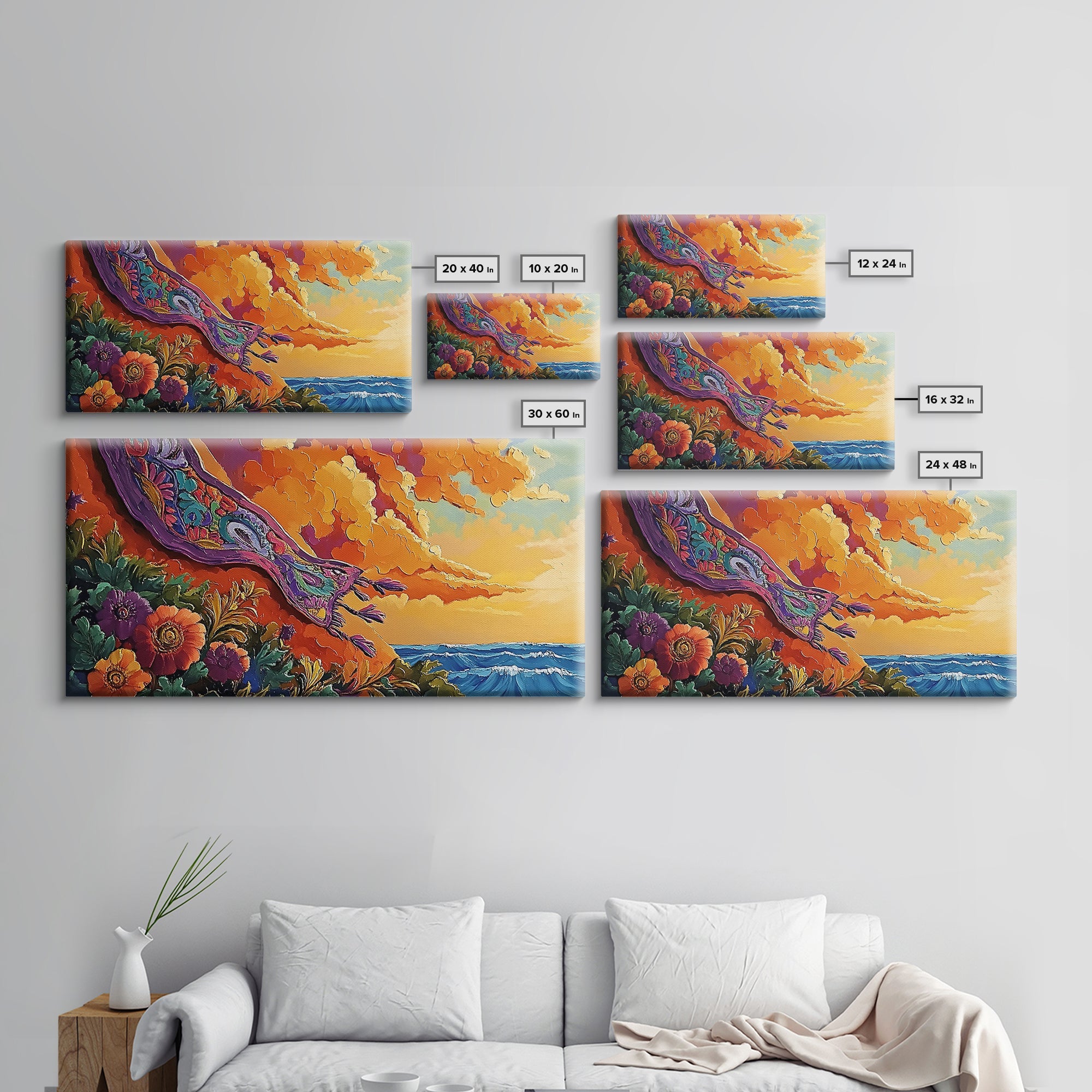 Sunset Coast, Rug, Framed Canvas Print, Sunset Beach Art, Magic Carpet Illustration, Vibrant Coastal Decor, Dreamy Bedroom Art