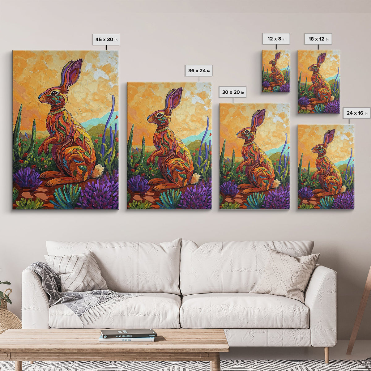 Bunny Cactus, Desert, Whimsical Framed Canvas Print, Eclectic Living Room Wall Art, Boho Southwest Decor, Colorful Animal Painting