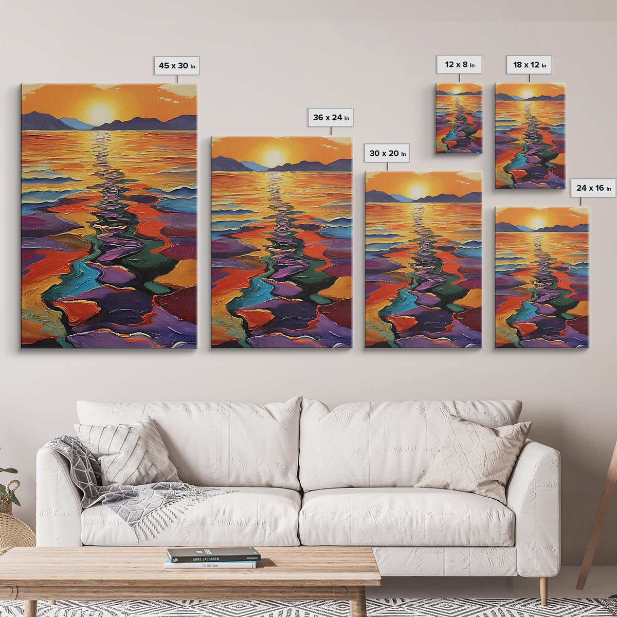 Sunset Reflection, Colorful Waters, Abstract Shoreline, Mountains — Framed Canvas Print modern abstract beach painting, bold hallway decor | | Wiccan Center