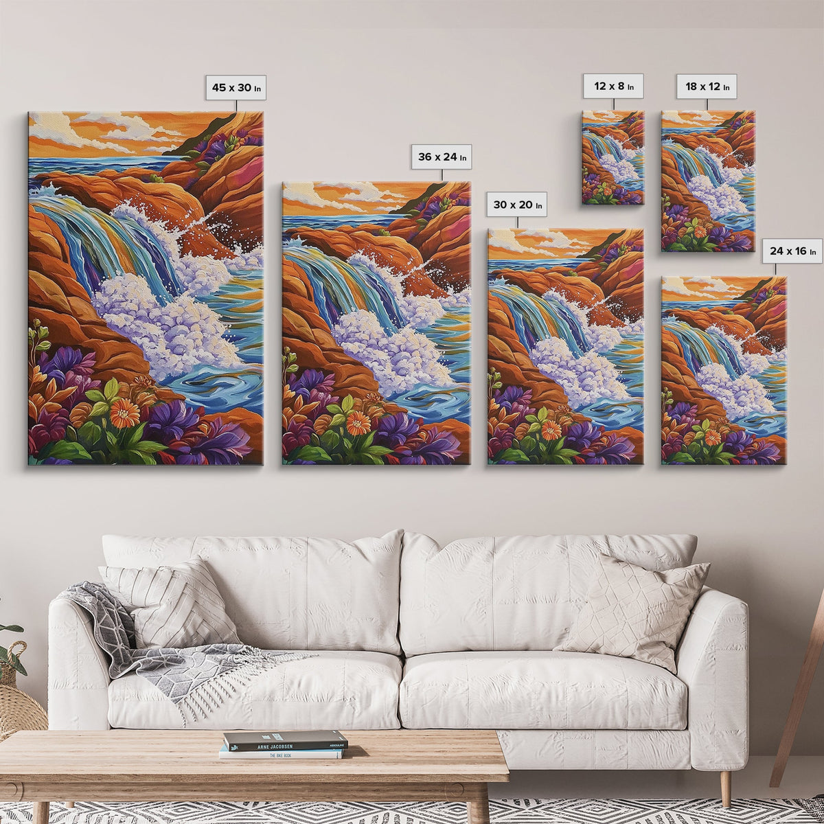 Coastal Waterfall, Ocean Rocks, Tropical Seascape, Sunset Art, Framed Canvas Print bathroom decor, beach lovers gift, colorful nature art | | Wiccan Center