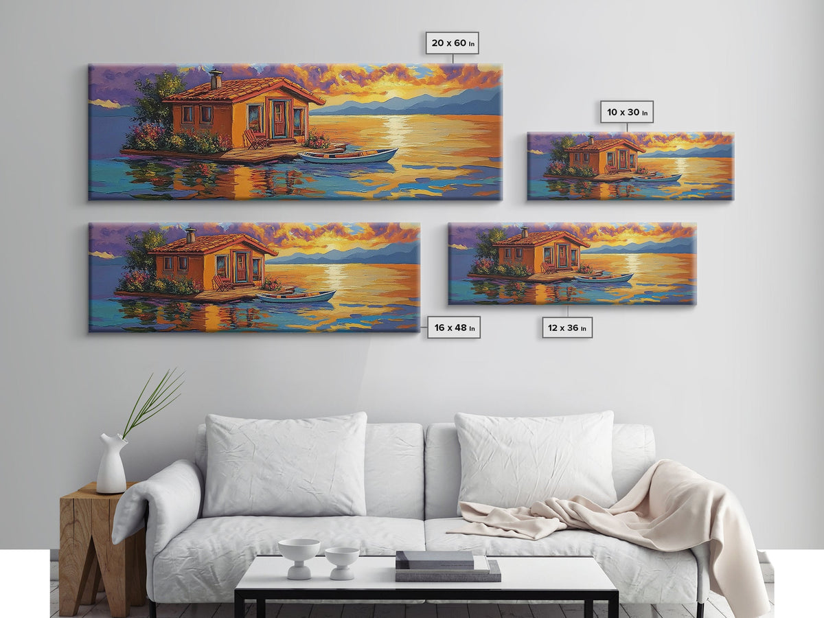 Floating Home, Lake Sunset, Tranquil Retreat, Framed Canvas Print, peaceful wall art, waterfront decor, lakehouse artwork | | Wiccan Center